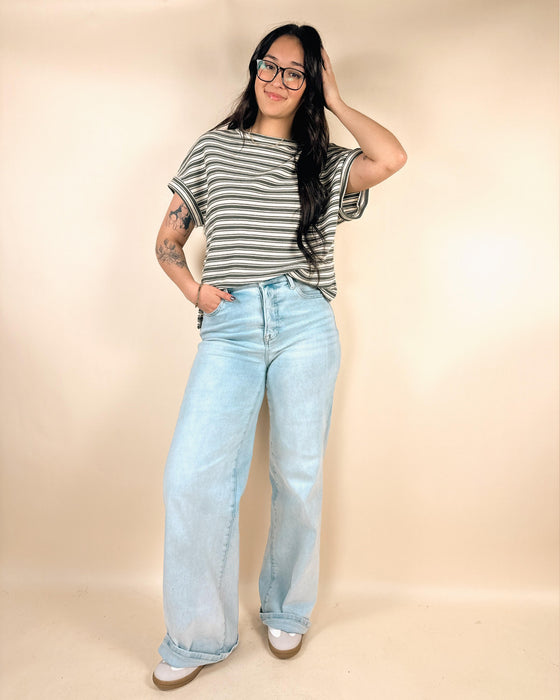 Green Stripe Textured Side Slits Crew Neck T Shirt