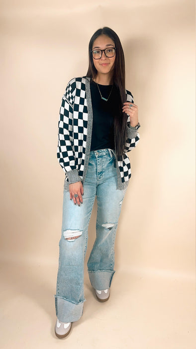 Checkered Drop Shoulder Cardigan