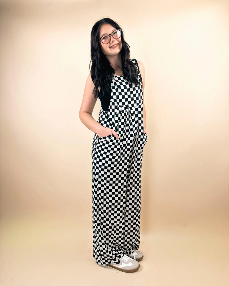 Black Checkered Wide Leg Jumpsuit with Pockets Dear lover