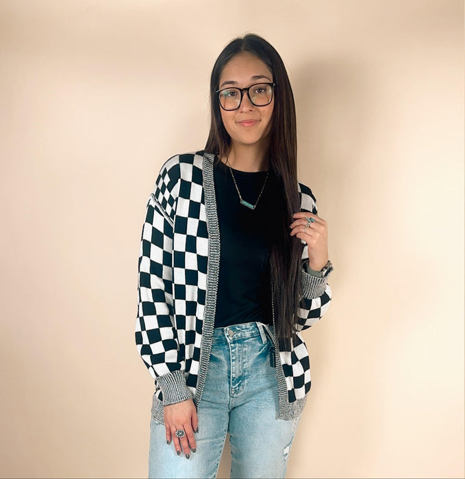 Checkered Drop Shoulder Cardigan