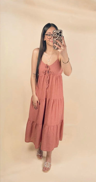 Stripe Front Tie Tiered Midi Sundress