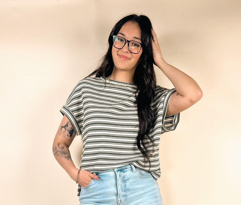 Green Stripe Textured Side Slits Crew Neck T Shirt