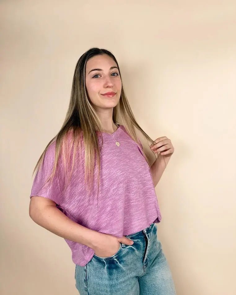 Hacci Slub V-Neck Drop Shoulder Crop Top