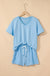 V Neck Drop Shoulder Tee & Patchwork Shorts Set - LECCE