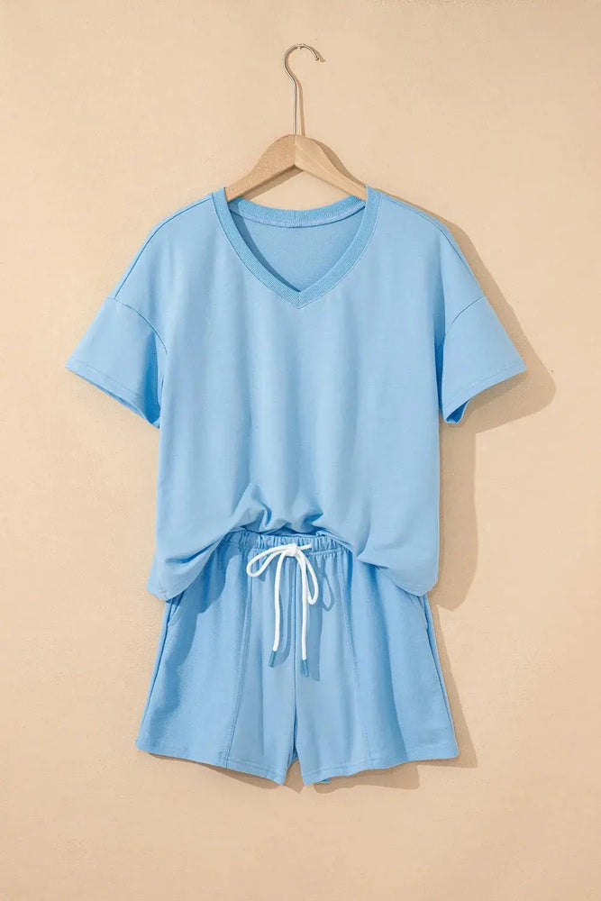V Neck Drop Shoulder Tee & Patchwork Shorts Set - LECCE