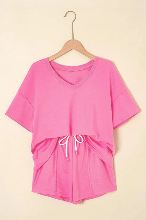 V Neck Drop Shoulder Tee & Patchwork Shorts Set - LECCE