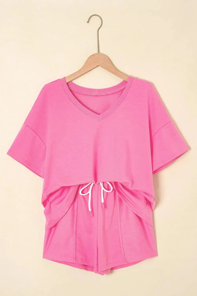 V Neck Drop Shoulder Tee & Patchwork Shorts Set - LECCE