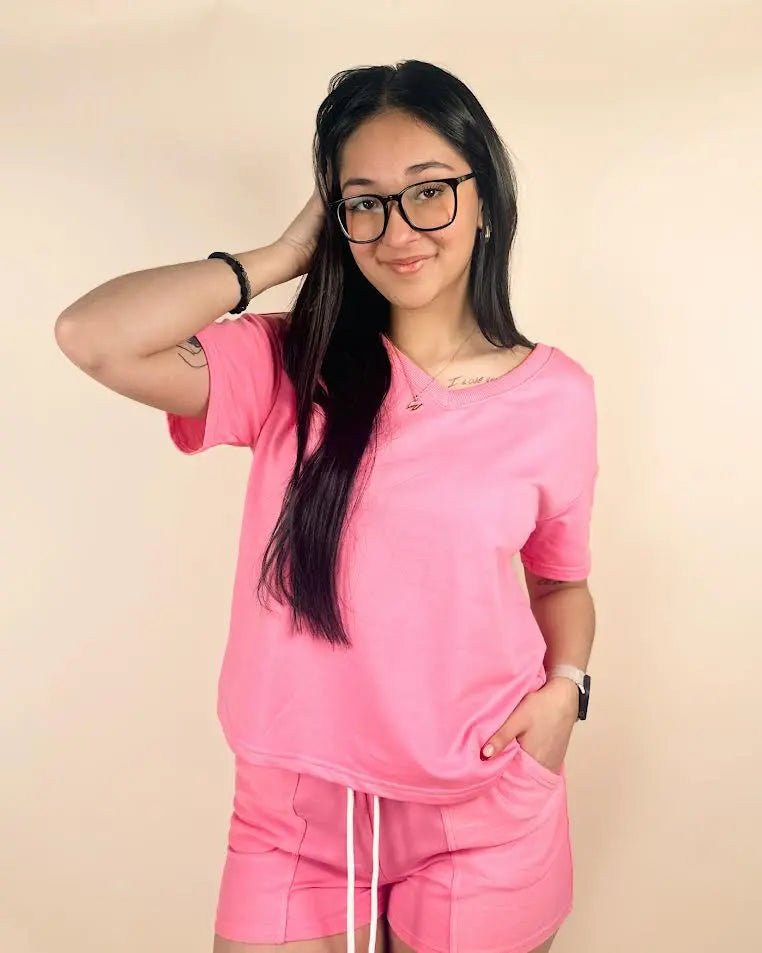 V Neck Drop Shoulder Tee & Patchwork Shorts Set
