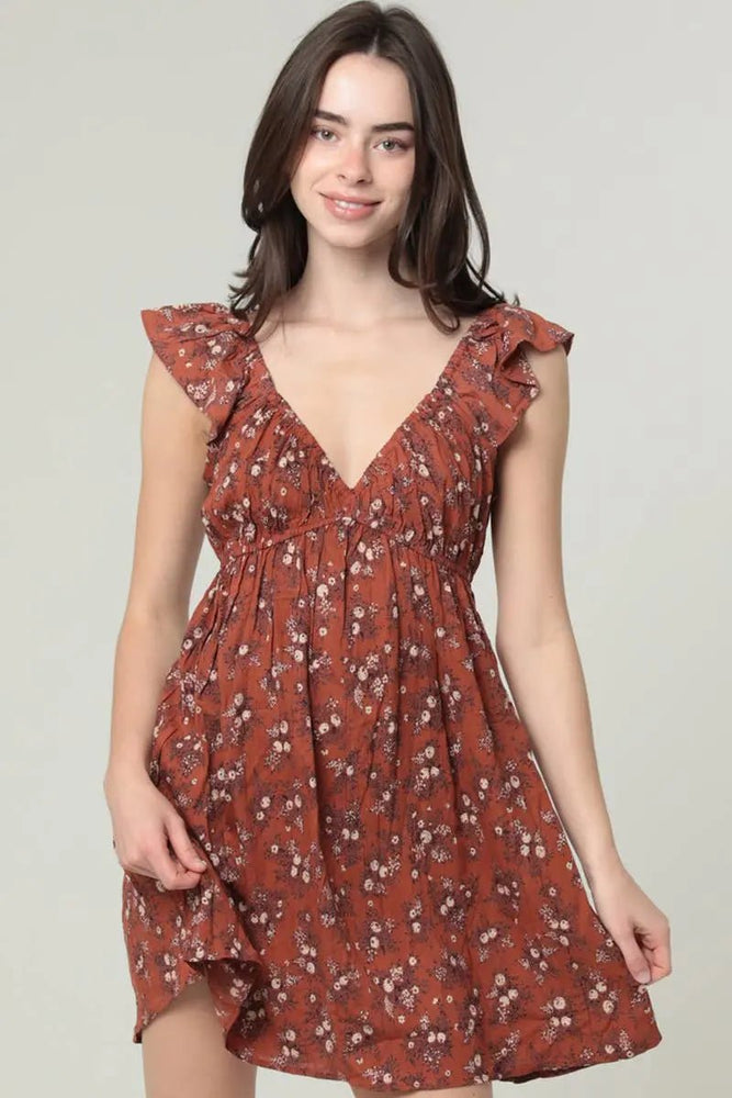 V NECK FLUTTER SLEEVE EMPIRE WAIST DITSY PRINT DR - LECCE