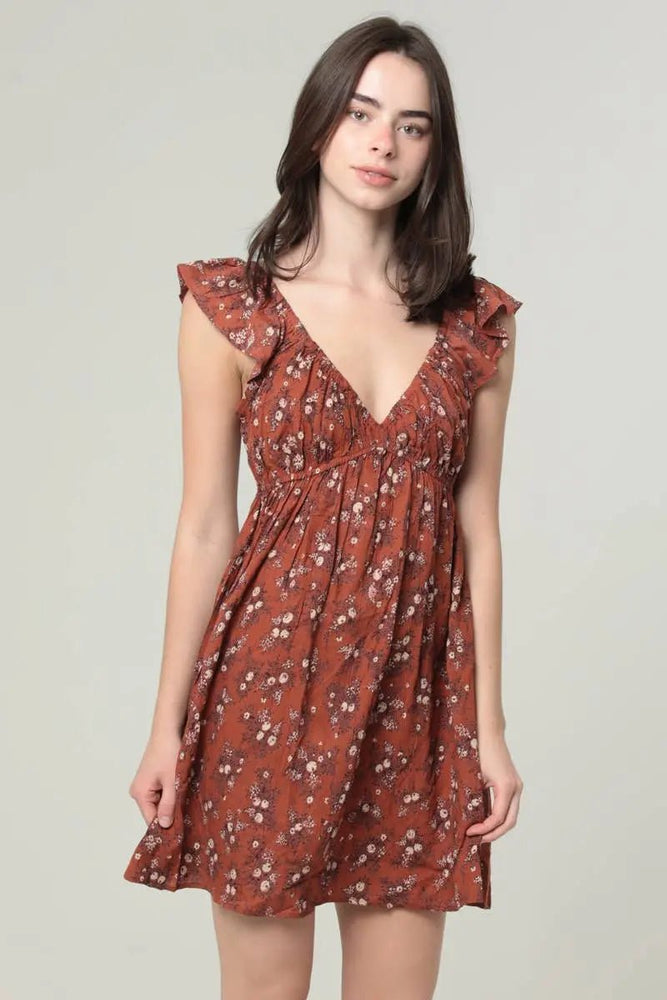 V NECK FLUTTER SLEEVE EMPIRE WAIST DITSY PRINT DR - LECCE