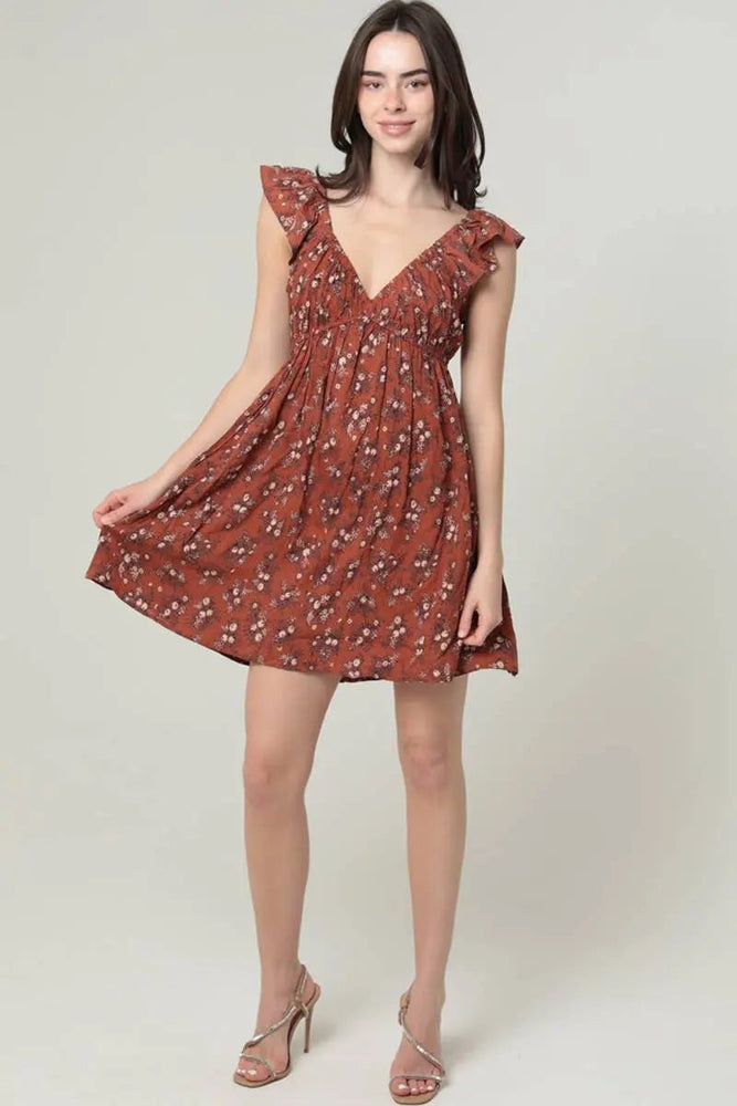 V NECK FLUTTER SLEEVE EMPIRE WAIST DITSY PRINT DR - LECCE