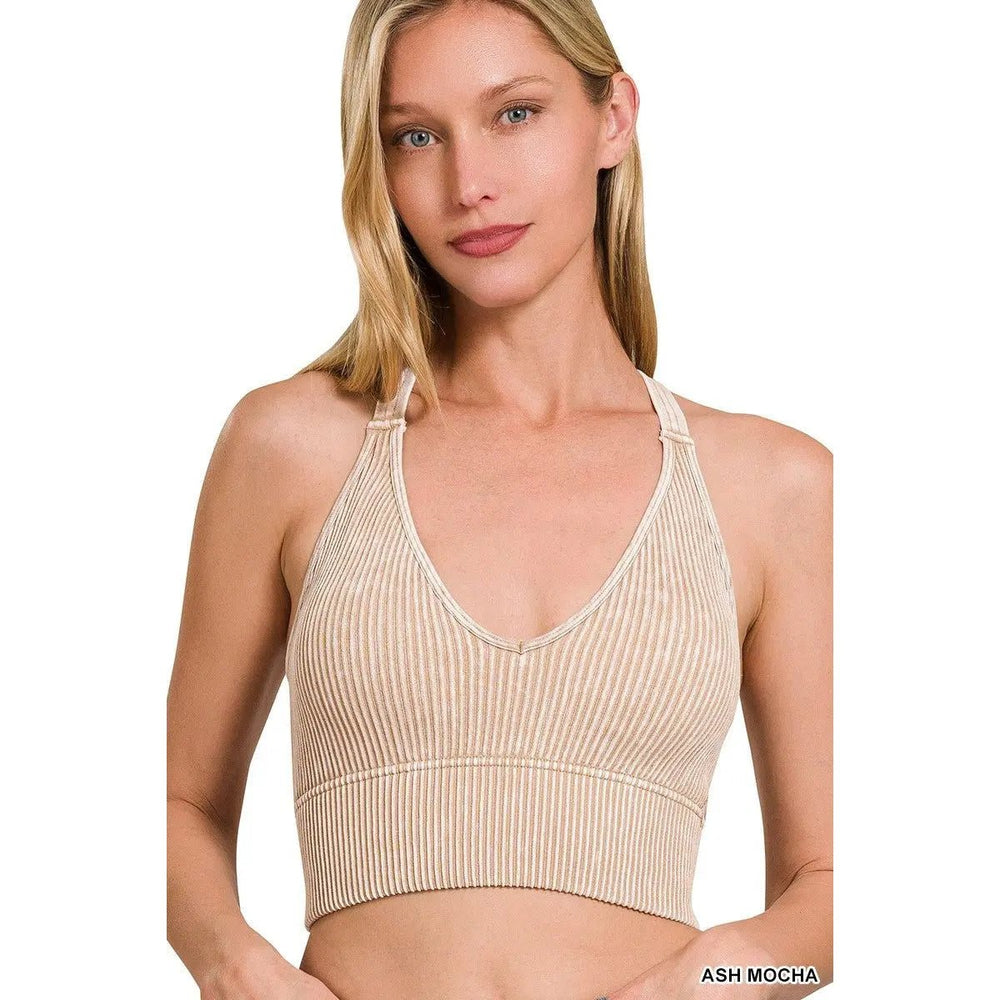 V Neck Washed rib Seamless Bra Padded Tank Top - LECCE