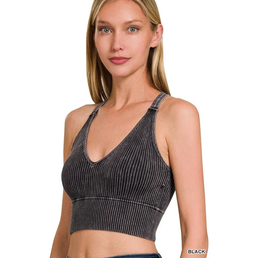 V Neck Washed rib Seamless Bra Padded Tank Top - LECCE