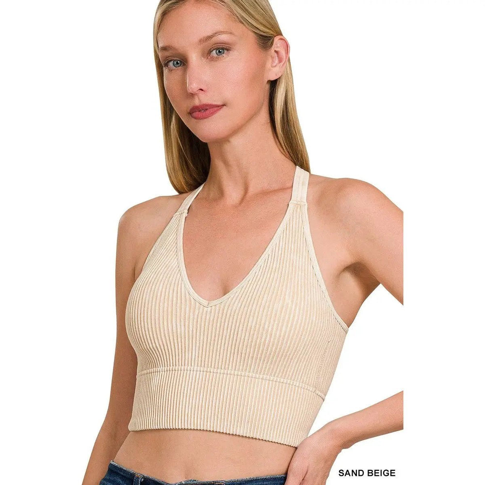 V Neck Washed rib Seamless Bra Padded Tank Top - LECCE