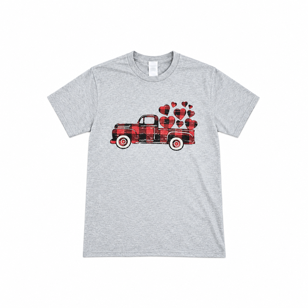 Valentine Heart Truck Graphic Tee centered smaller on pure white background