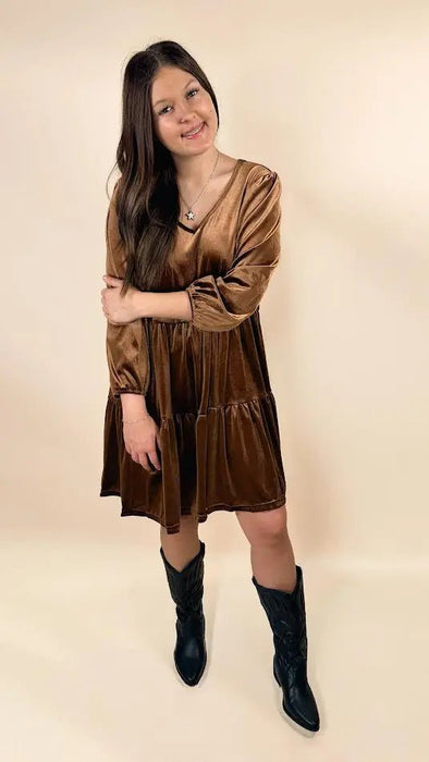 Velvet V Neck Long Sleeve Tiered Mini Dress - LECCE
