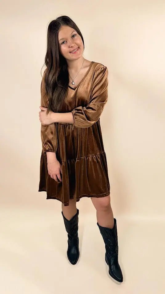 Velvet V Neck Long Sleeve Tiered Mini Dress