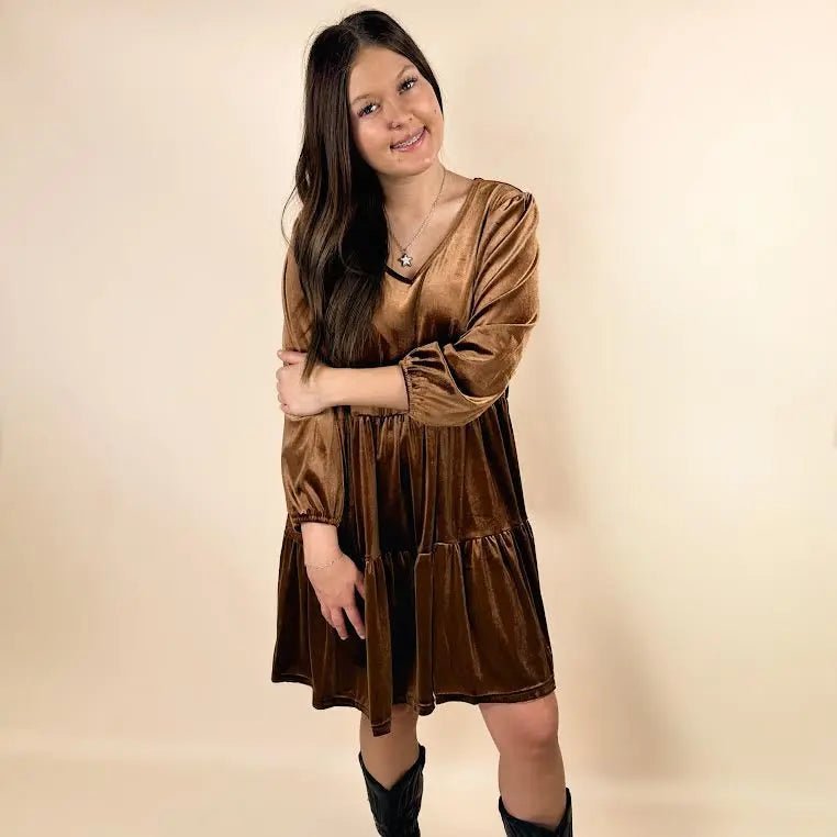 Velvet V Neck Long Sleeve Tiered Mini Dress