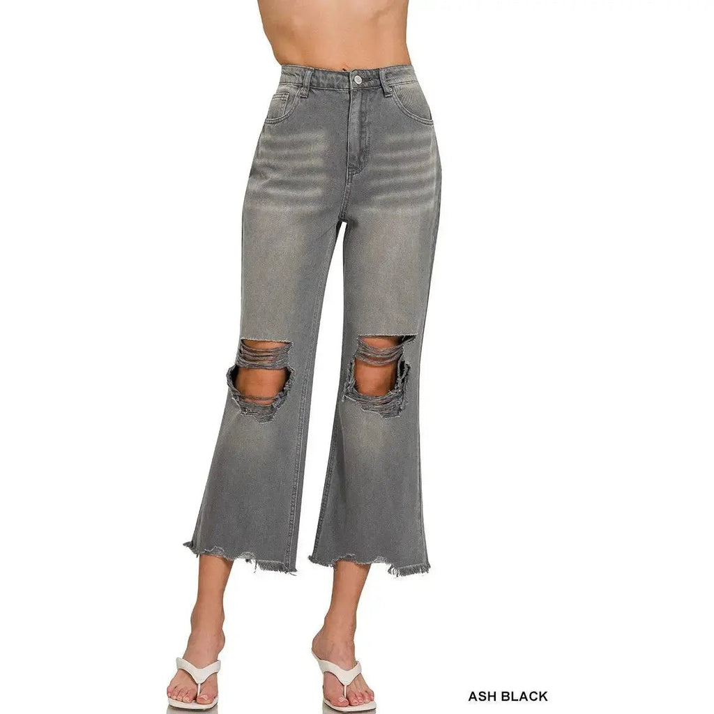 Washed Distressed Cropped Jeans