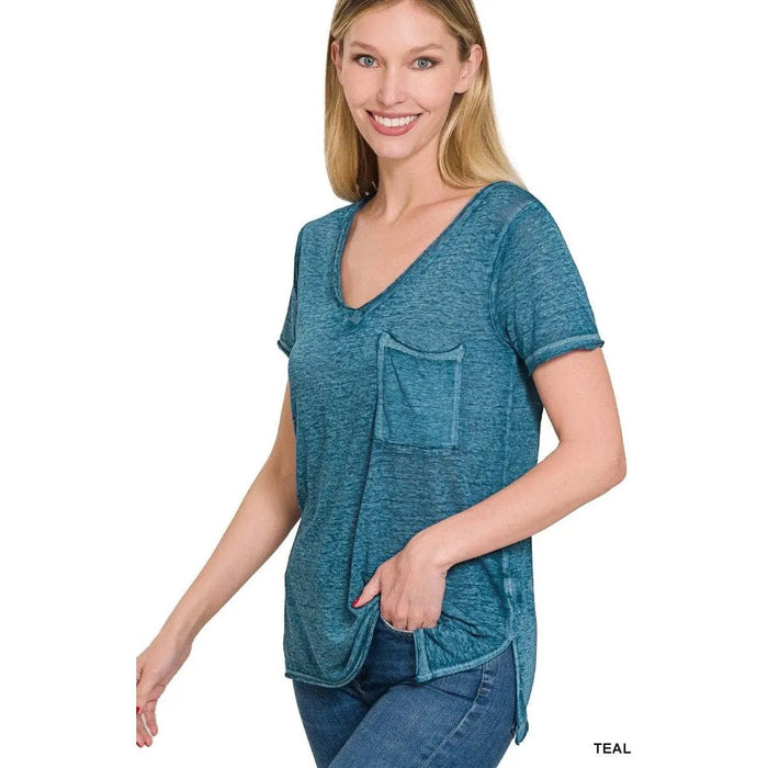 Washed Melange Burnout Scoop V - neck Top - LECCE