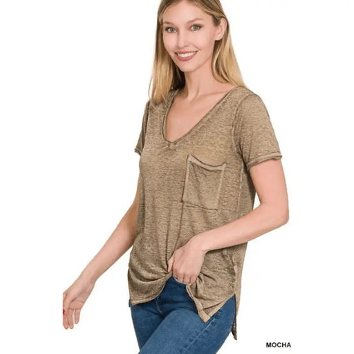 Washed Melange Burnout Scoop V - neck Top - LECCE