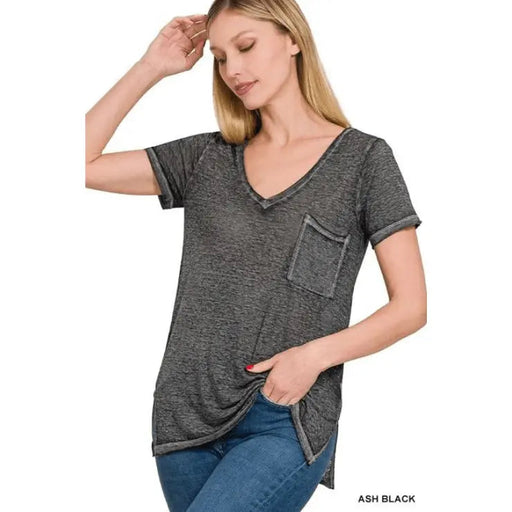 Washed Melange Burnout Scoop V - neck Top - LECCE