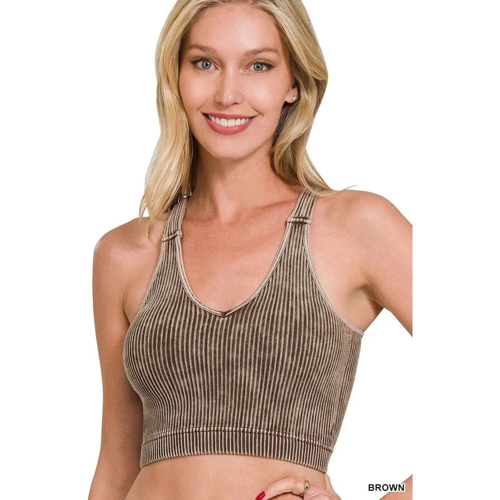 Washed Ribbed Cropped Bra Padded Tank Top - LECCE