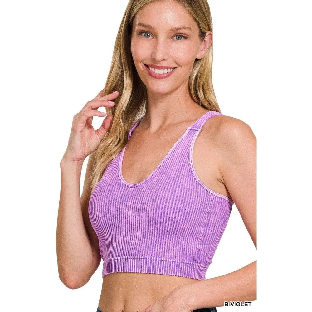Washed Ribbed Cropped Bra Padded Tank Top - LECCE
