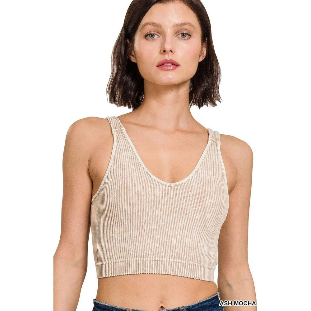 Washed Ribbed Cropped Bra Padded Tank Top - LECCE