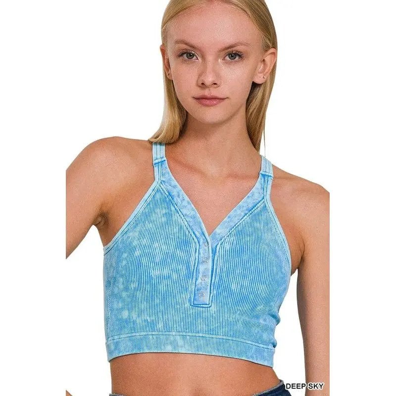 Washed Ribbed Cropped Button V - neck Tank Top - LECCE