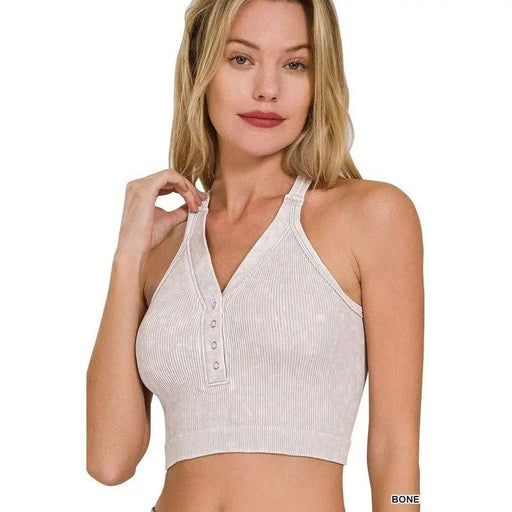 Washed Ribbed Cropped Button V - neck Tank Top - LECCE