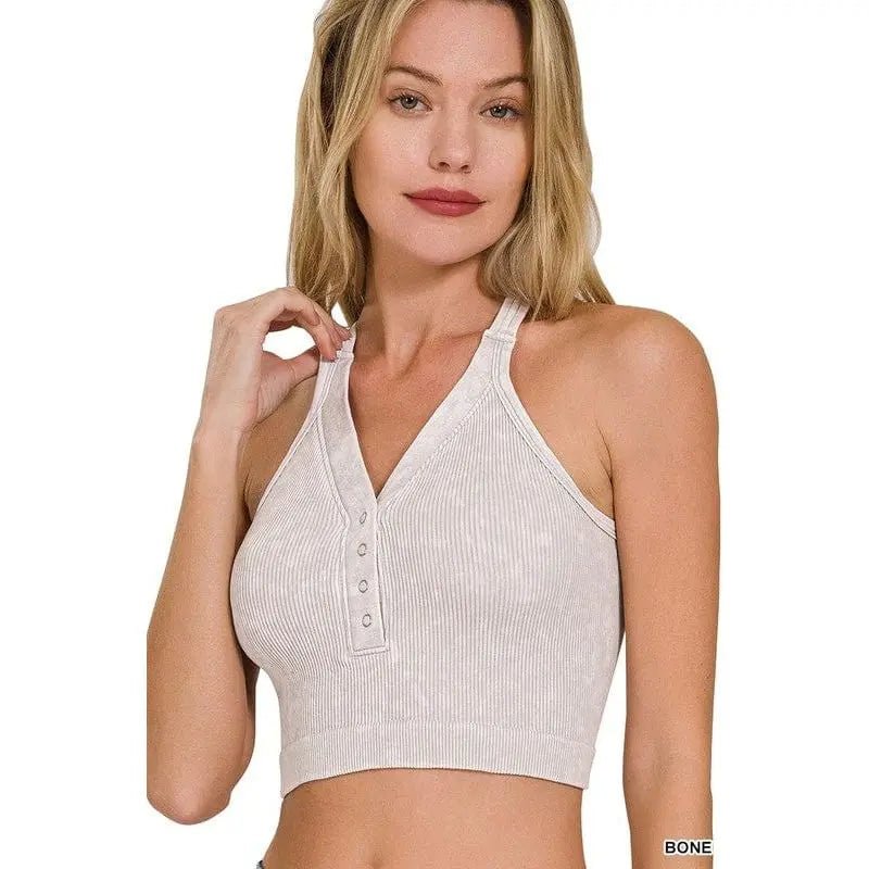 Washed Ribbed Cropped Button V - neck Tank Top - LECCE