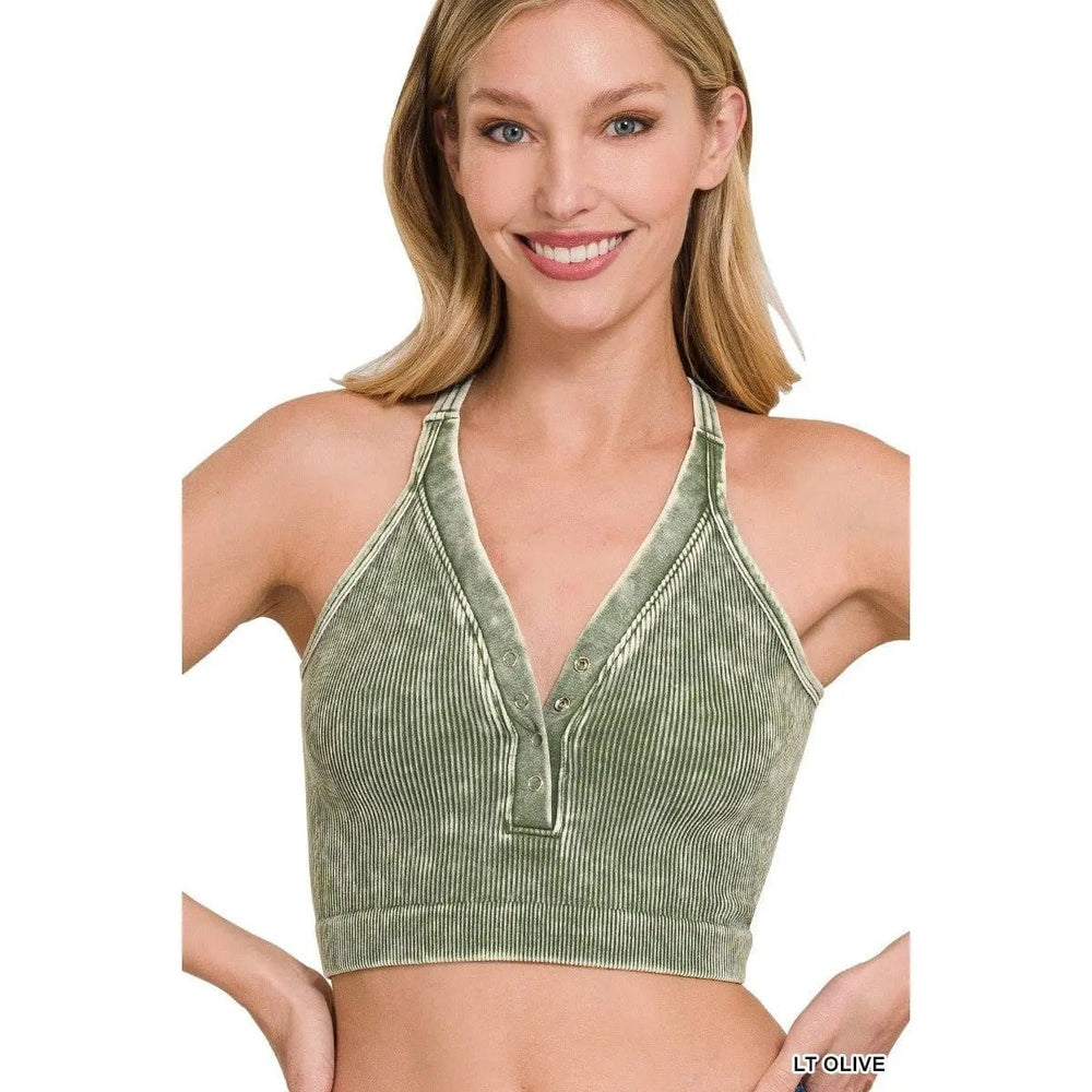 Washed Ribbed Cropped Button V - neck Tank Top - LECCE