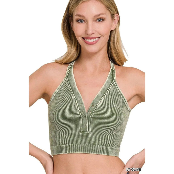 Washed Ribbed Cropped Button V - neck Tank Top - LECCE