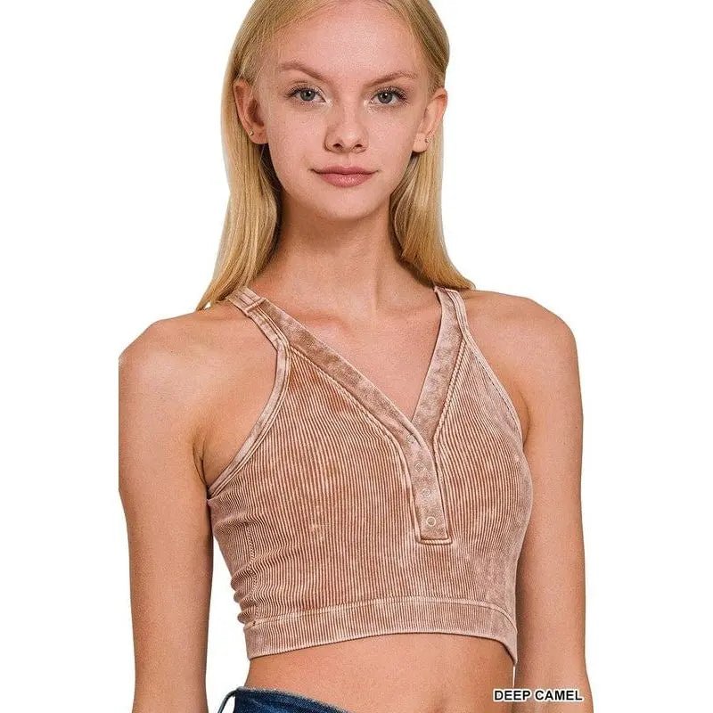 Washed Ribbed Cropped Button V - neck Tank Top - LECCE