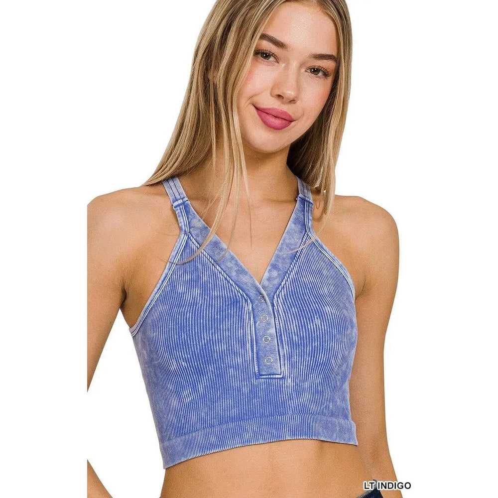 Washed Ribbed Cropped Button V - neck Tank Top - LECCE