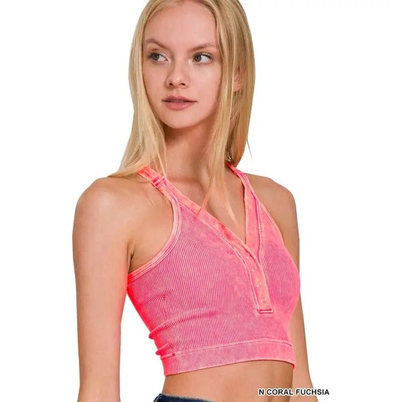 Washed Ribbed Cropped Button V - neck Tank Top - LECCE