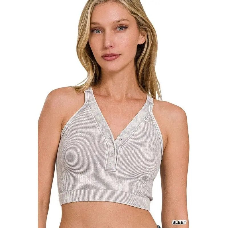 Washed Ribbed Cropped Button V - neck Tank Top - LECCE