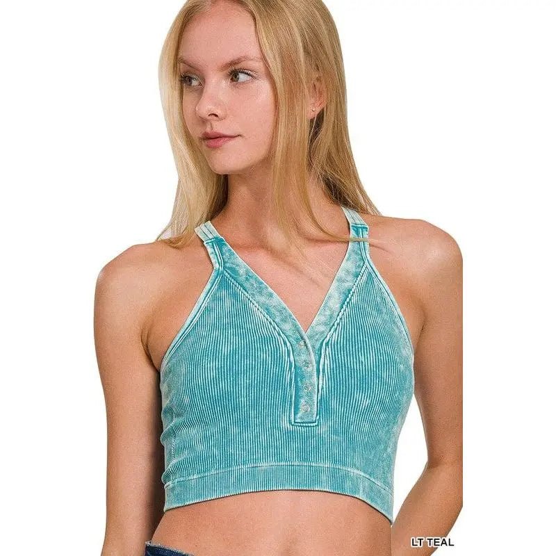 Washed Ribbed Cropped Button V - neck Tank Top - LECCE