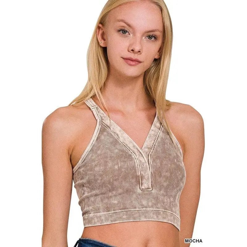 Washed Ribbed Cropped Button V - neck Tank Top - LECCE