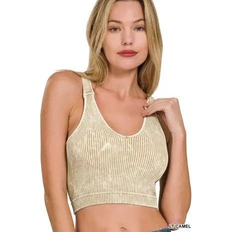 Washed Ribbed Cropped Seamless Bra Padded Tank Top - LECCE