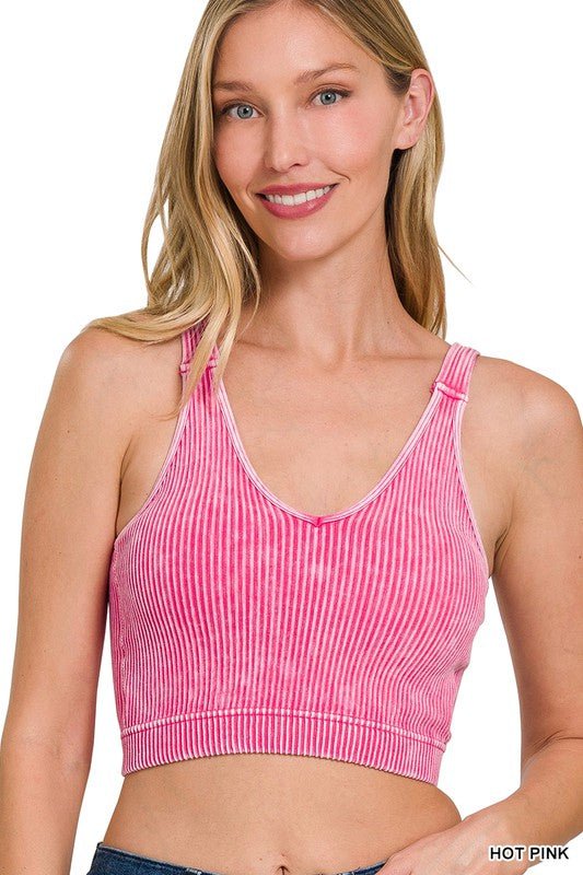 Washed Ribbed Cropped Seamless Bra Padded Tank Top - LECCE