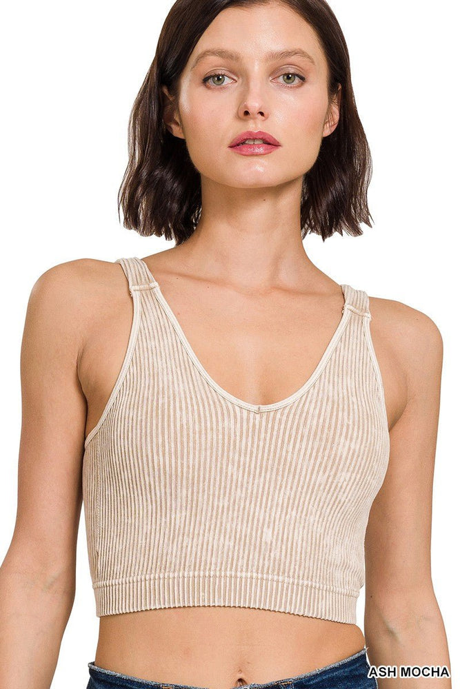 Washed Ribbed Cropped Seamless Bra Padded Tank Top - LECCE