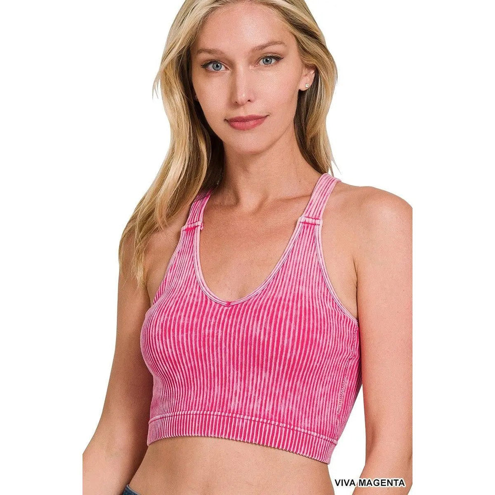 Washed Ribbed Cropped Seamless Bra Padded Tank Top - LECCE