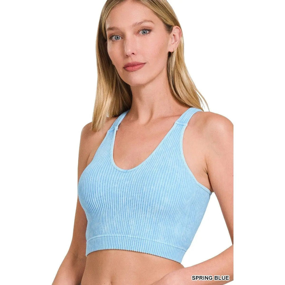 Washed Ribbed Cropped Seamless Bra Padded Tank Top - LECCE