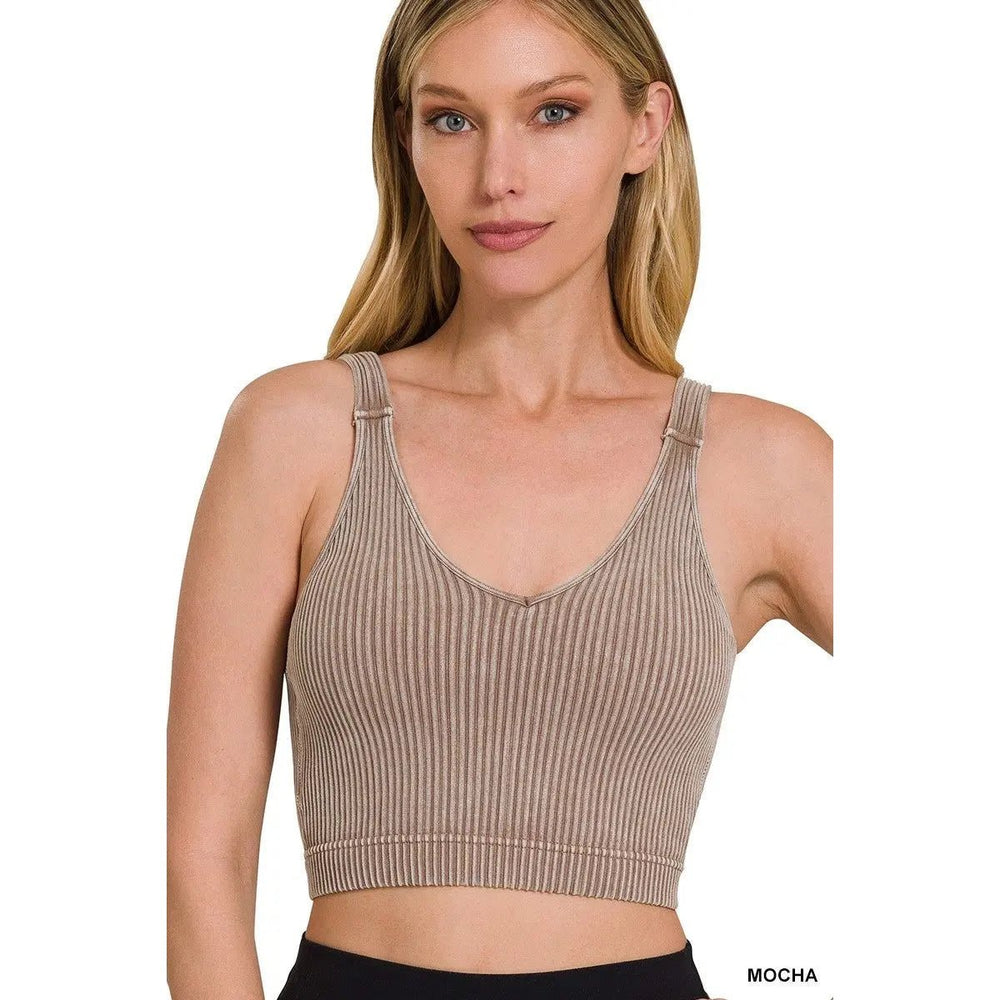 Washed Ribbed Cropped Seamless Bra Padded Tank Top - LECCE