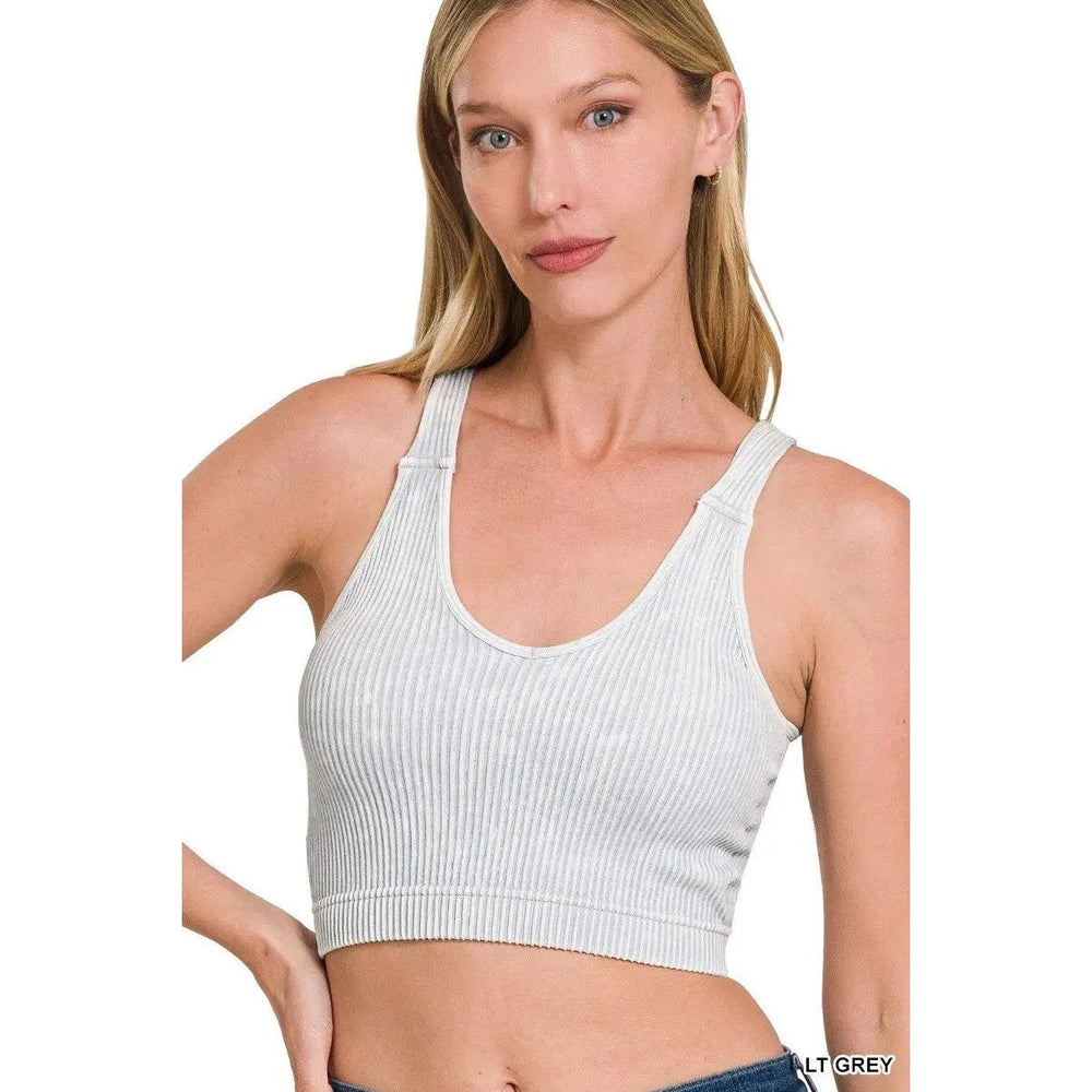 Washed Ribbed Cropped Seamless Bra Padded Tank Top - LECCE