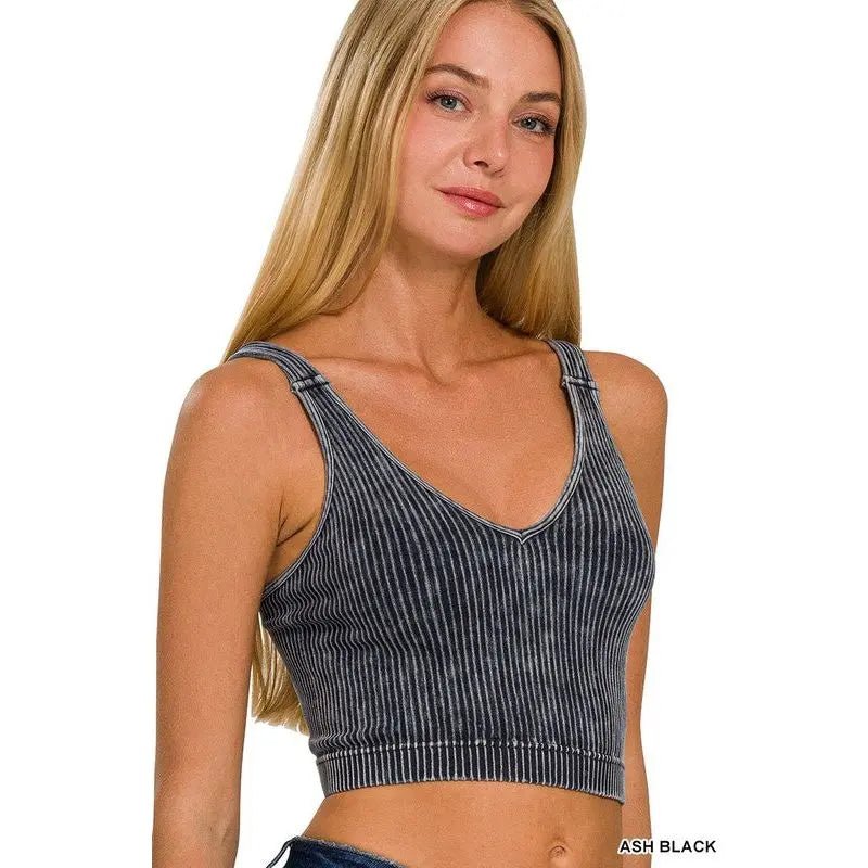 Washed Ribbed Cropped Seamless V - Neck Tank TOP - LECCE