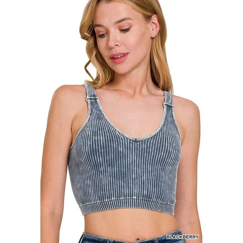 Washed Ribbed Cropped Seamless V - Neck Tank TOP - LECCE