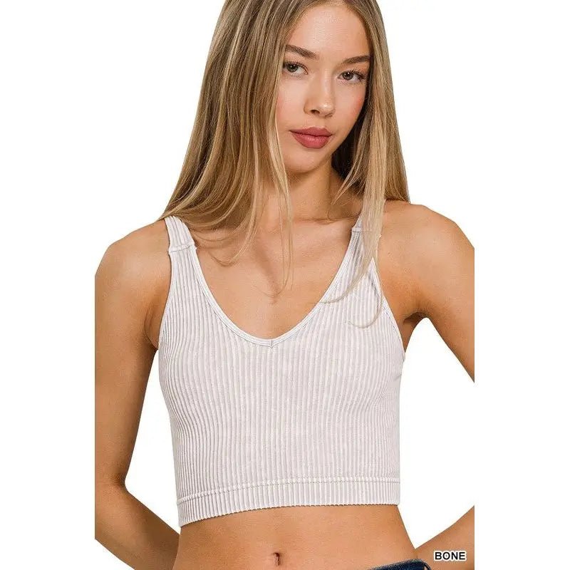 Washed Ribbed Cropped Seamless V - Neck Tank TOP - LECCE